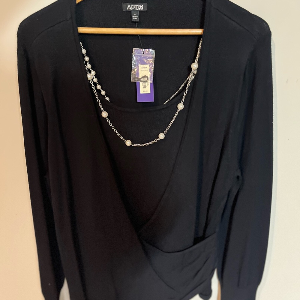 Apt. 9 Black Long Sleeve Top with Wrap Style and Removable Pearl Necklace